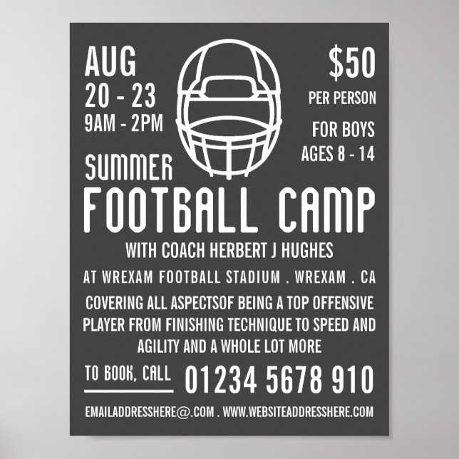 Gray Football Helmet, Football Camp Advertising Poster (Front)