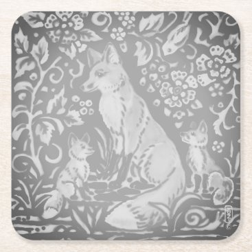 Gray Fox Family Woodland Animal Farmhouse Cottage Square Paper Coaster