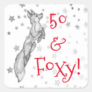 Gray Fox Silver Star 50th Foxy Fabulous Birthday Square Sticker