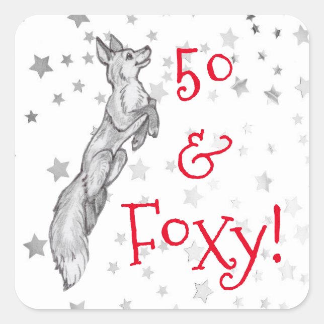 Gray Fox Silver Star 50th Foxy Fabulous Birthday Square Sticker (Front)