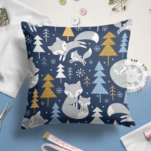 Gray Fox Winter  Christmas Throw Pillow