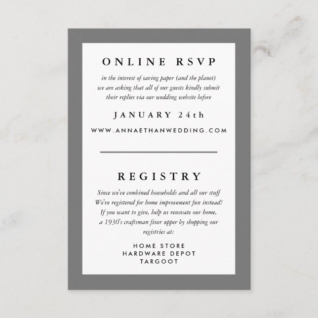 Gray Frame Wedding Reply RSVP and Registry Enclosure Card (Front)
