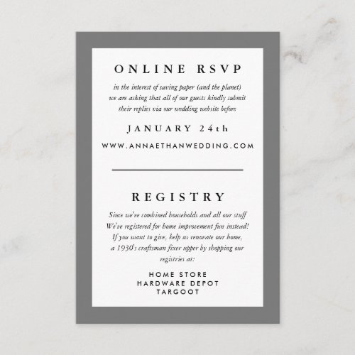 Gray Frame Wedding Reply RSVP and Registry Enclosure Card