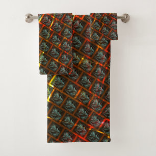 Gray 'framed eyes', grazes, squares or red grating bath towel set