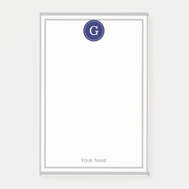Gray Framed Round Navy 1I Monogram Post-it Notes (Front)