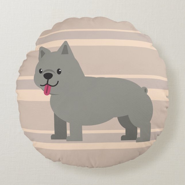 Gray French Bulldog, Beige Striped Round Pillow (Front)