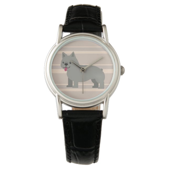 Gray French Bulldog, Beige Striped Watch (Front)