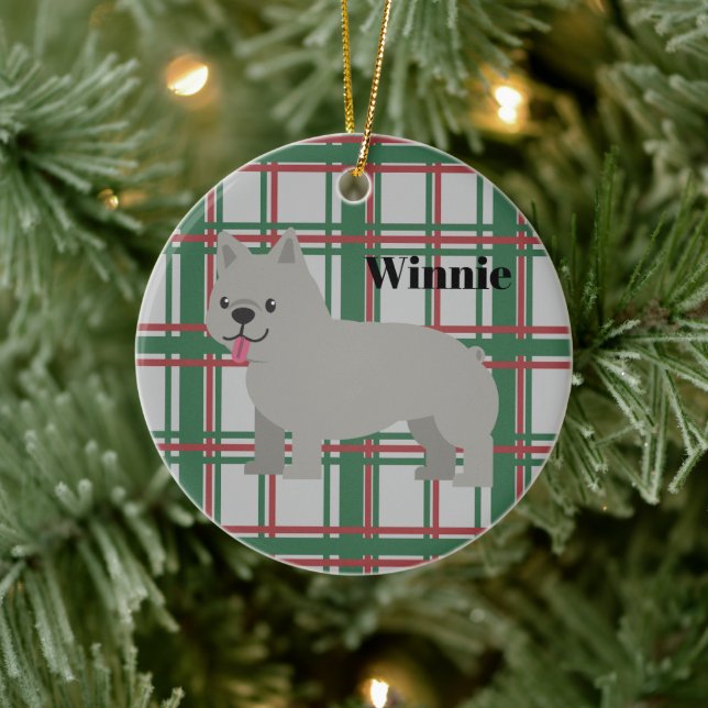 Gray French Bulldog, Christmas Plaid Ceramic Ornament (Tree)