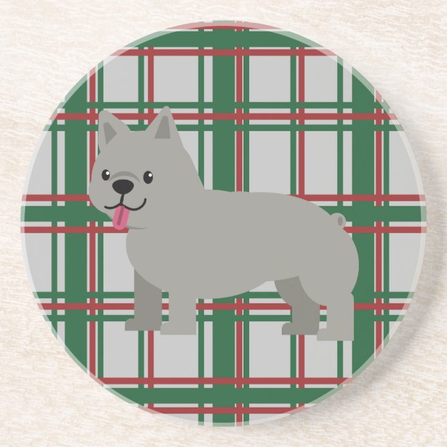 Gray French Bulldog, Christmas Plaid Coaster (Front)