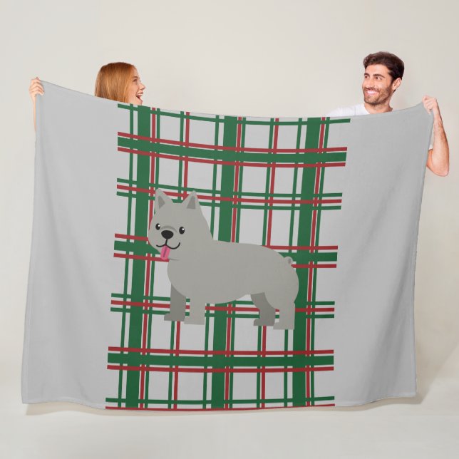 Gray French Bulldog, Christmas Plaid Fleece Blanket (In Situ)
