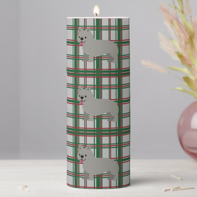 Gray French Bulldog, Christmas Plaid Pillar Candle (In Situ)