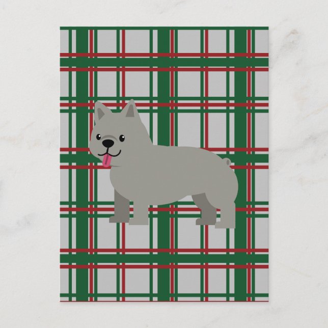 Gray French Bulldog, Christmas Plaid Postcard (Front)