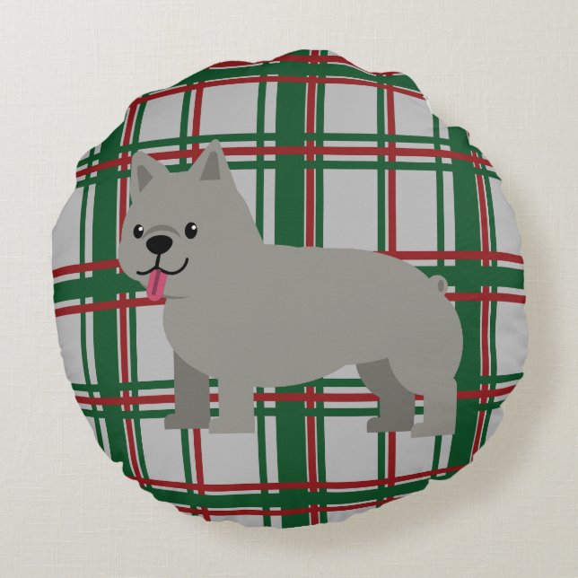 Gray French Bulldog, Christmas Plaid Round Pillow (Back)