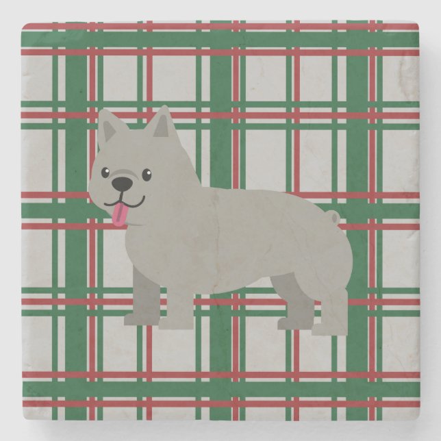 Gray French Bulldog, Christmas Plaid Stone Coaster (Front)