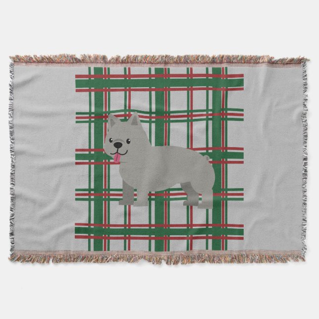 Gray French Bulldog, Christmas Plaid Throw Blanket (Front)