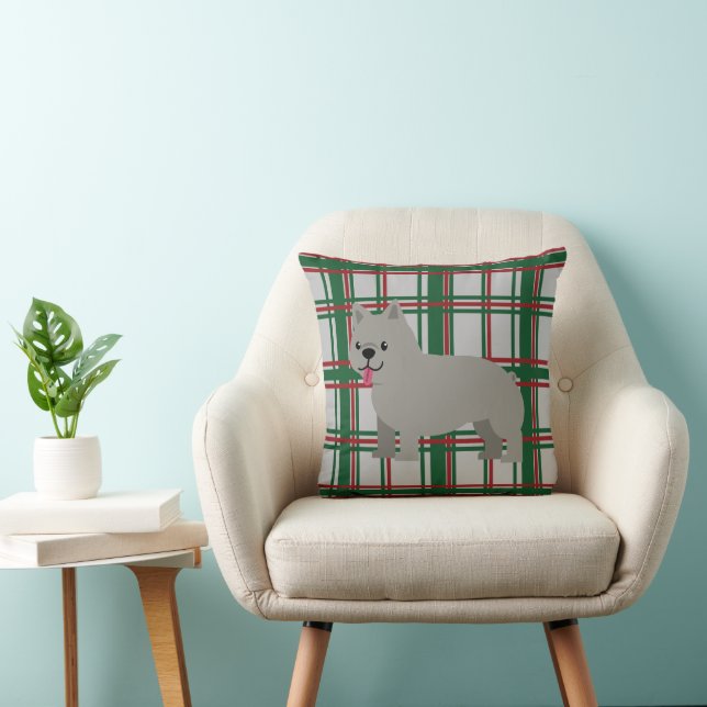 Gray French Bulldog, Christmas Plaid Throw Pillow (Chair)