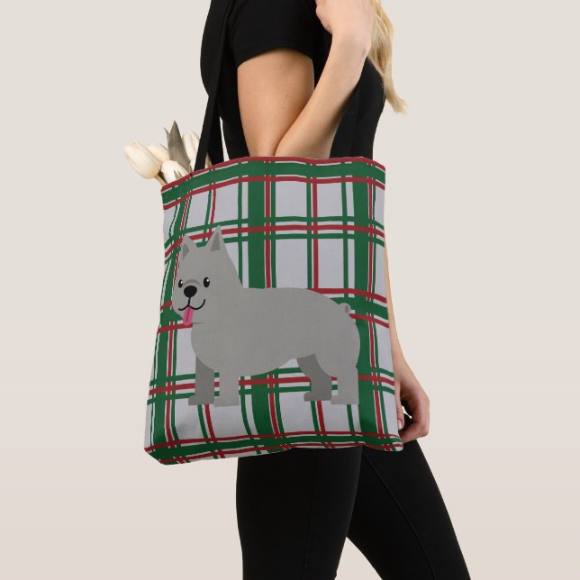 Gray French Bulldog, Christmas Plaid Tote Bag (Close Up)