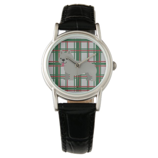 Gray French Bulldog, Christmas Plaid Watch (Front)
