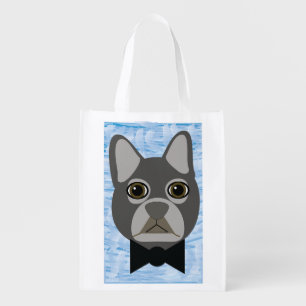 Gray French Bulldog, watercolor blue Grocery Bag