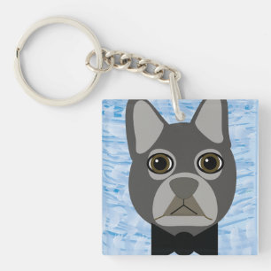 Gray French Bulldog, watercolor blue Keychain