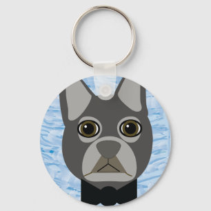 Gray French Bulldog, watercolor blue Keychain