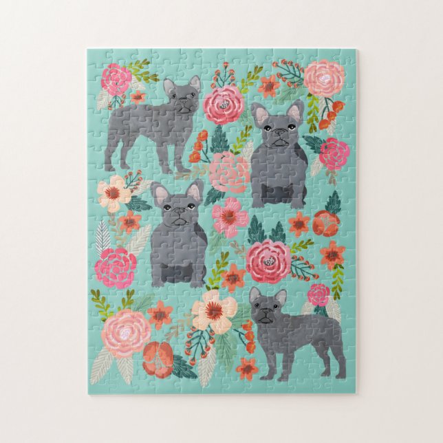 Gray French Bulldogs Vintage Florals Jigsaw Puzzle (Vertical)