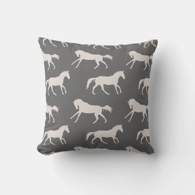 Gray Galloping Horses Pattern Throw Pillow (Front)