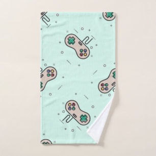 Gray game joystick on blue hand towel