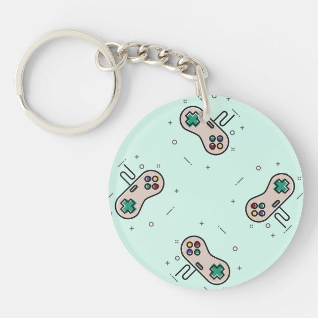Gray game joystick on blue keychain (Front)