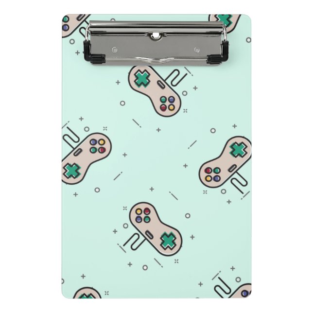 Gray game joystick on blue mini clipboard (Front)