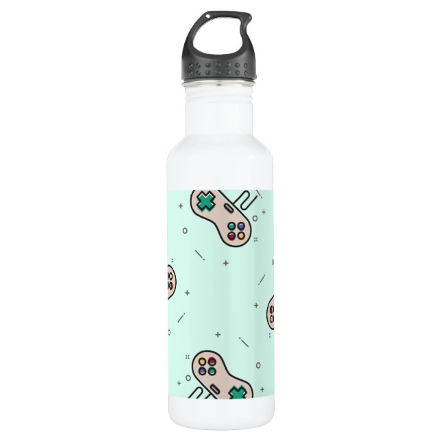 Gray game joystick on blue stainless steel water bottle (Front)