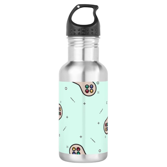 Gray game joystick on blue stainless steel water bottle (Front)