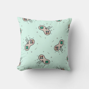 Gray game joystick on blue throw pillow