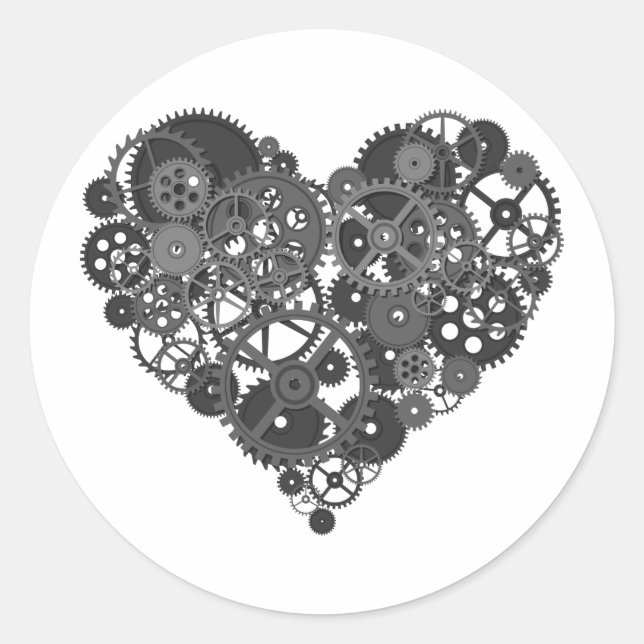 Gray Gears Heart Classic Round Sticker (Front)