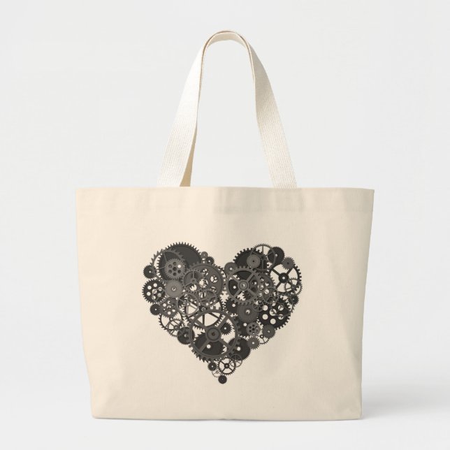 Gray Gears Heart Large Tote Bag (Front)