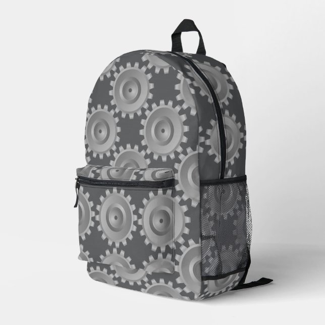 Gray Gears Printed Backpack (Back Corner Right)