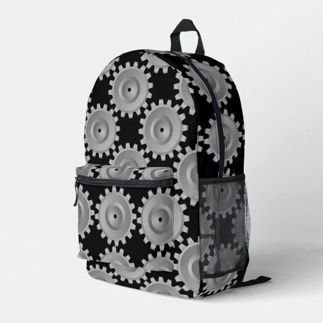 Gray Gears Printed Backpack (Back Corner Right)