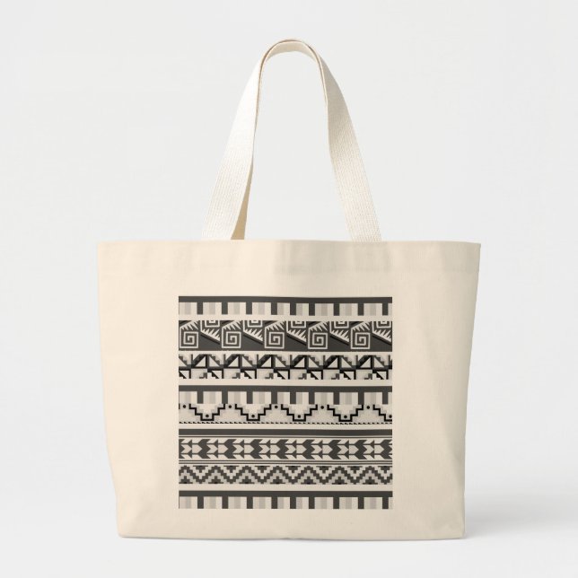 Gray Geometric Abstract Aztec Tribal Print Pattern Large Tote Bag (Front)
