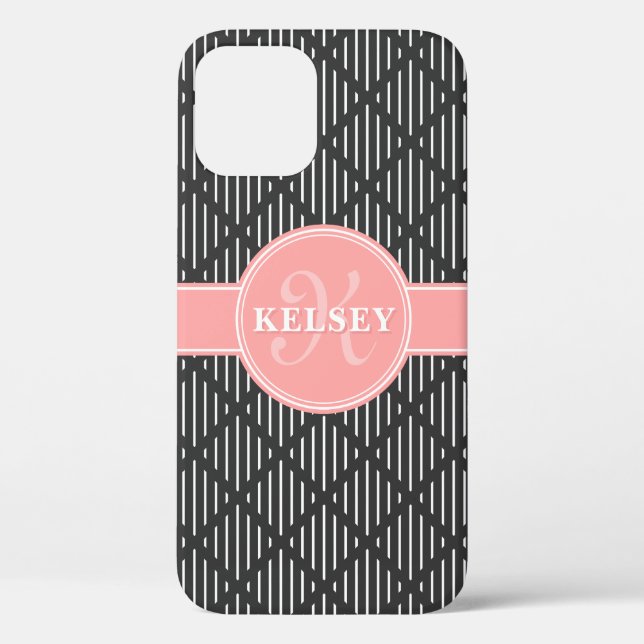 Gray Geometric Line Diamond Pattern Pink Monogram Case-Mate iPhone Case (Back)