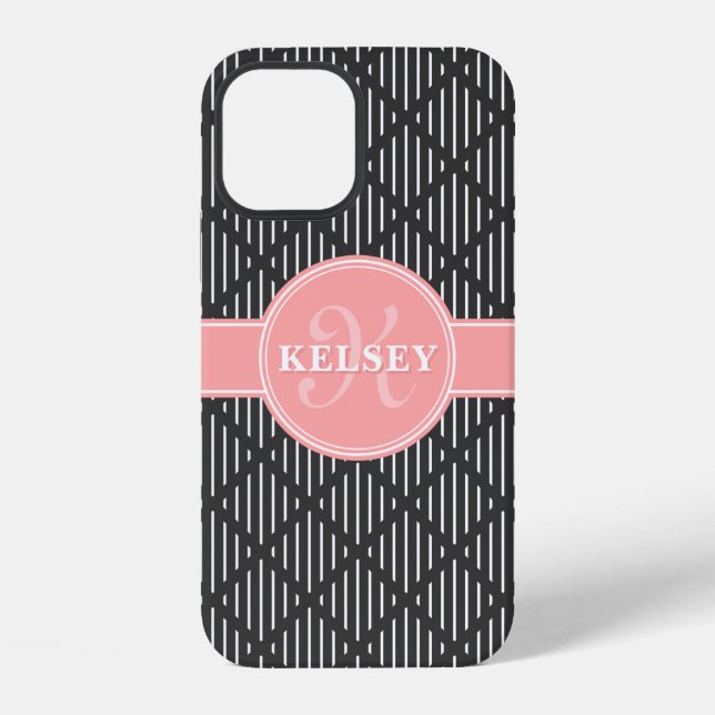 Gray Geometric Line Diamond Pattern Pink Monogram Iphone Case (Back)