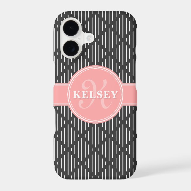 Gray Geometric Line Diamond Pattern Pink Monogram Iphone Case (Back)