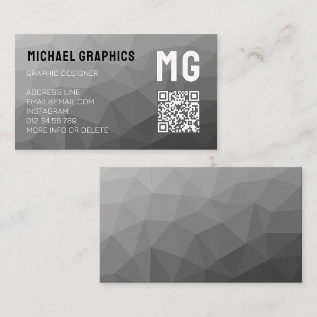 Gray geometric mesh pattern QR code Monogram Business Card (Front/Back)