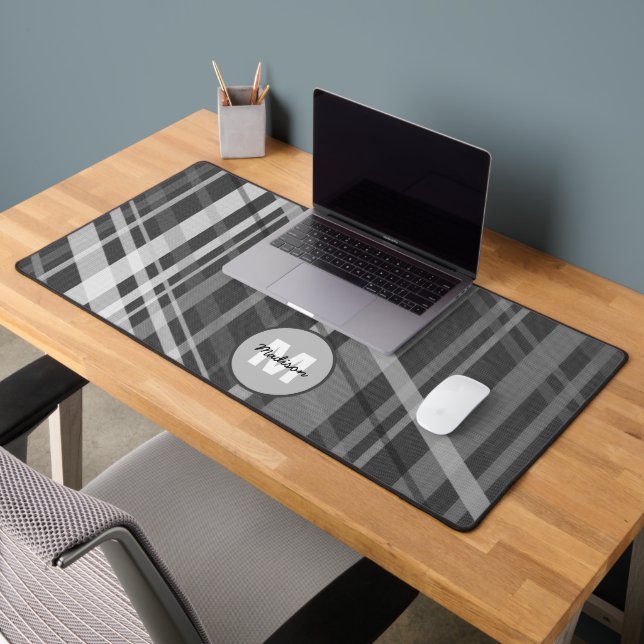 Gray geometric retro Lines Pattern Monogram Desk Mat (Office 2)
