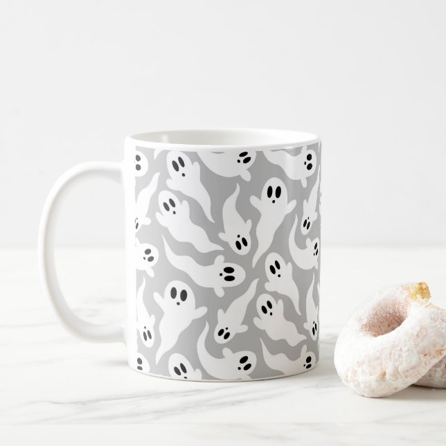 Gray Ghost Pattern Halloween Coffee Mug (With Donut)