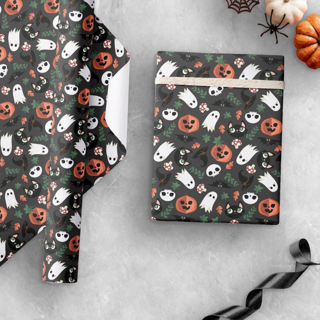 Gray Ghosts Bats Cats Pumpkins Halloween Pattern Wrapping Paper (Creator Uploaded)