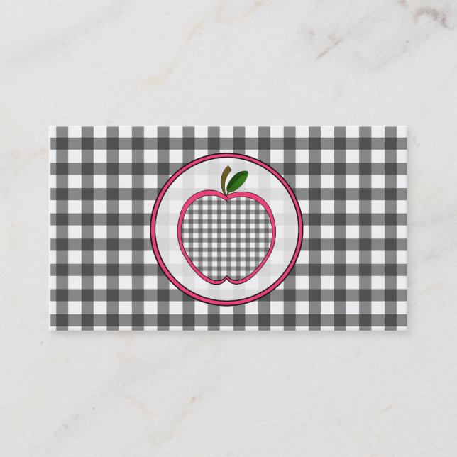 Gray Gingham Apple Fashion Teacher Business Card (Front)