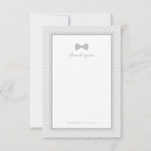 Gray gingham bow tie baby shower thank you note card