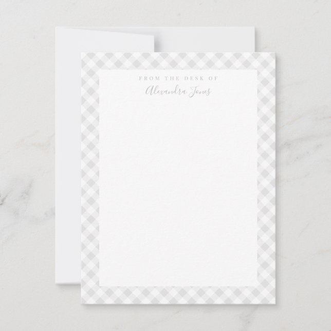 Gray Gingham Check Personal Stationery Note Card (Front)