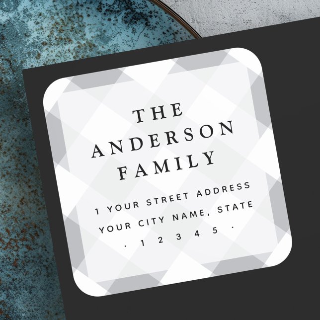 Gray gingham checkers elegant return address square sticker (Gray gingham checkers elegant return address square sticker)