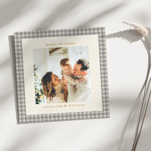 Gray Gingham Christmas Square Photo Vintage  Holiday Card